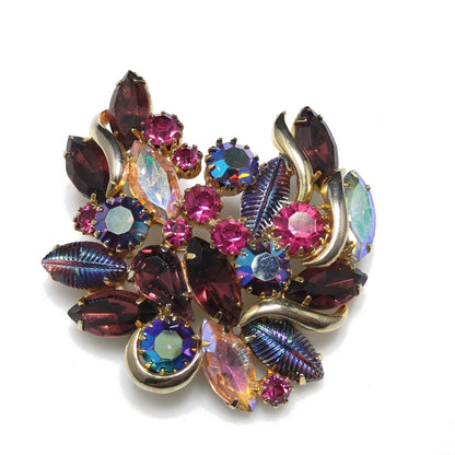 Designer Art Glass Rhinestone Brooch, Carnival Glass, Gold Plated, 1950s Vintage Jewelry