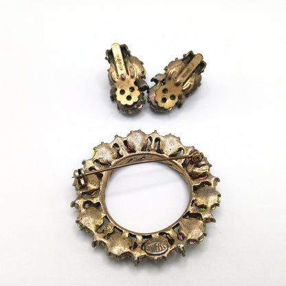 Vintage Weiss Margarita Rhinestone Brooch Earrings Set, Green Rhinestones, 1950s