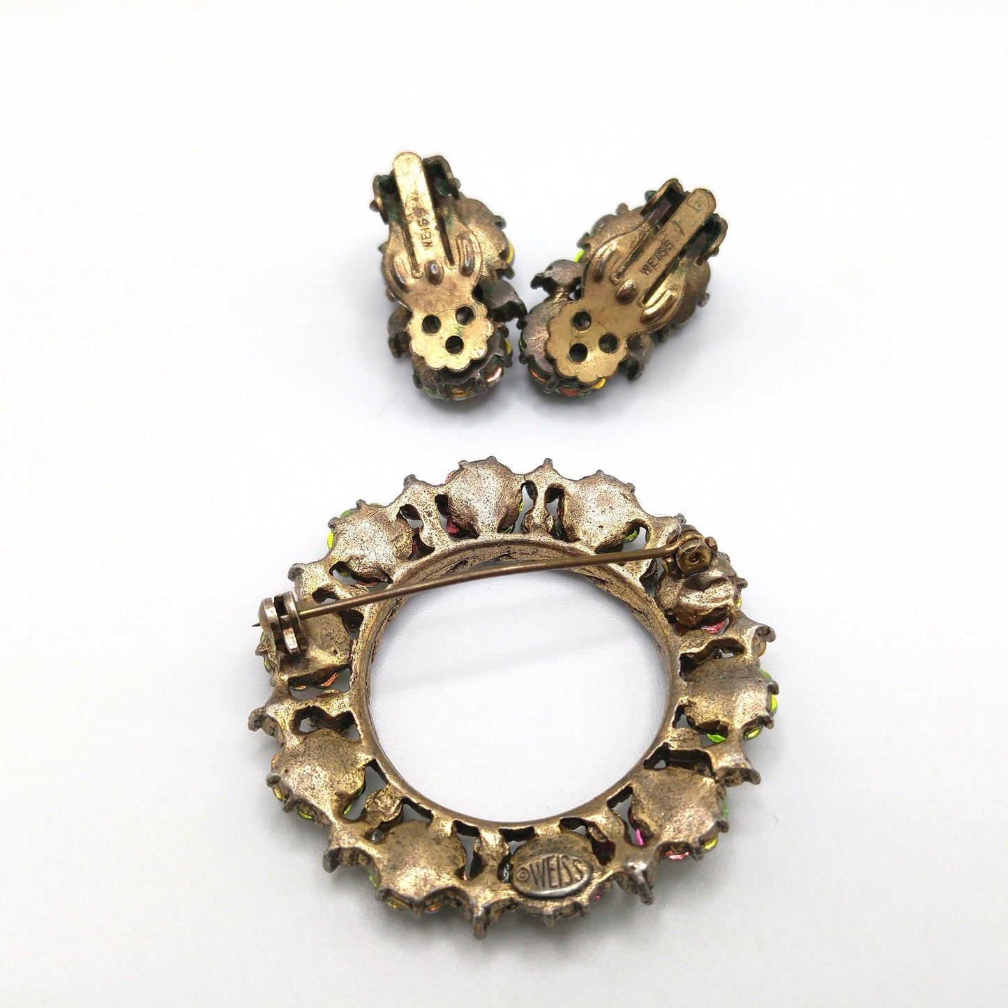 Weiss Margarita Rhinestone Wreath Brooch and Earrings Set – 1950s Vintage Jewelry