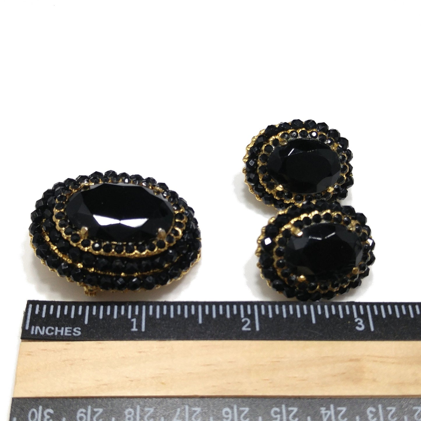 Vendome Black Crystal Brooch & Clip Earrings Set, Gold Plated Vintage Jewelry, Convertible Pendant