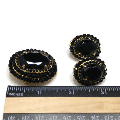 Vendome Black Crystal Brooch & Clip Earrings Set, Gold Plated Vintage Jewelry, Convertible Pendant