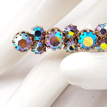 Vintage Aurora Borealis Rhinestone Bar Pin, Gold Plated Backing, Prong Set, 3 1/2 Inch