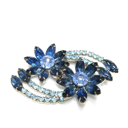 Blue Rhinestone Floral Brooch, Rhodium Plated, 1960s Vintage Jewelry