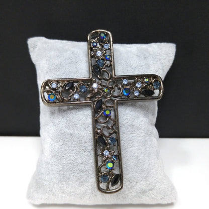 Givenchy Large Cross Brooch, Aurora Borealis Blue Rhinestones, 1990s Vintage Jewelry