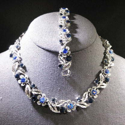 Lisner Blue Necklace & Bracelet Set, Rhodium Plated, Aurora Borealis, 1960s Vintage Jewelry