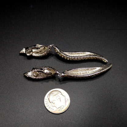 Vintage CINER Modernist Pave Clear Rhinestone Dangle Clip on Earrings, Rhodium Plated