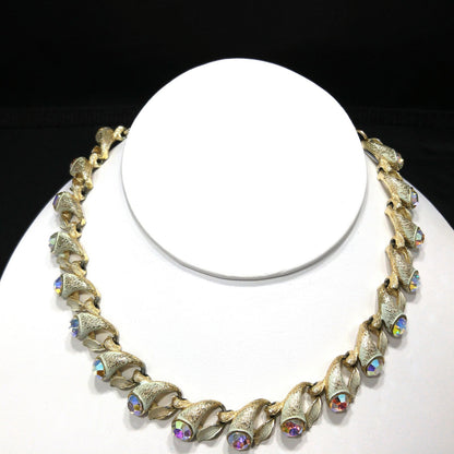 Brushed Gold Tone White Enamel Choker Necklace, Aurora Borealis Rhinestones, 1960s Vintage Jewelry