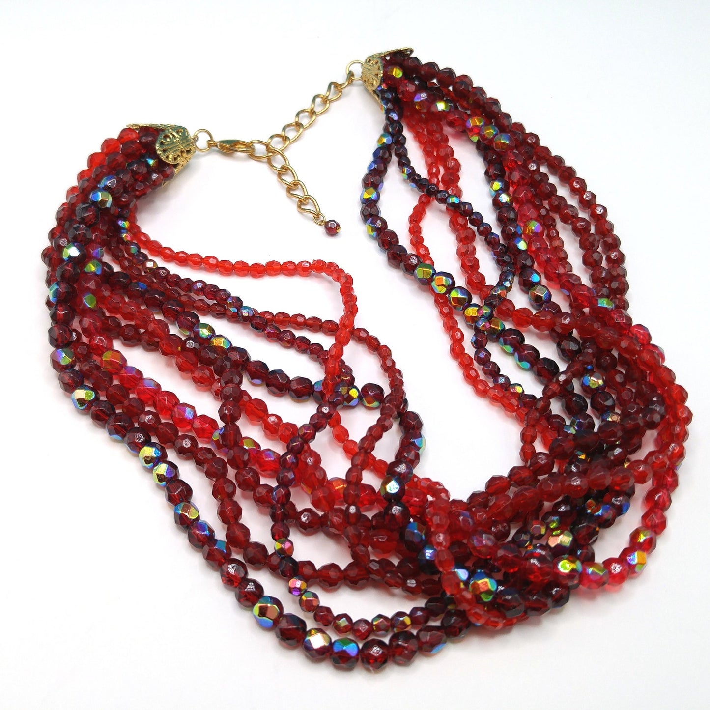 Red Fire Polished Bead Necklace, Nine Strands, 1980s Vintage Jewelry