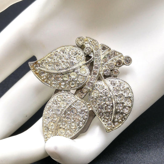 Leaves Clear Rhinestone Dress Clip, Pot Metal, 1930s Vintage Jewelry
