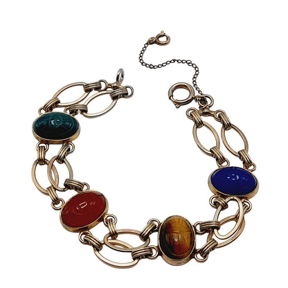 Vintage Scarab Four Gemstone Gold Tone Two Strand Bracelet, Egyptian Beetle Bug