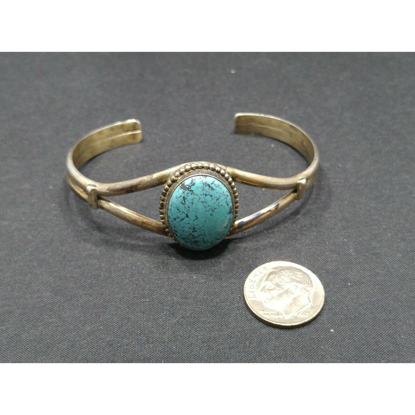 Vintage Sterling Silver Turquoise Cabochon Cuff Bracelet Signed Sterling B