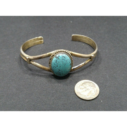 Vintage Sterling Silver Turquoise Cabochon Cuff Bracelet Signed Sterling B