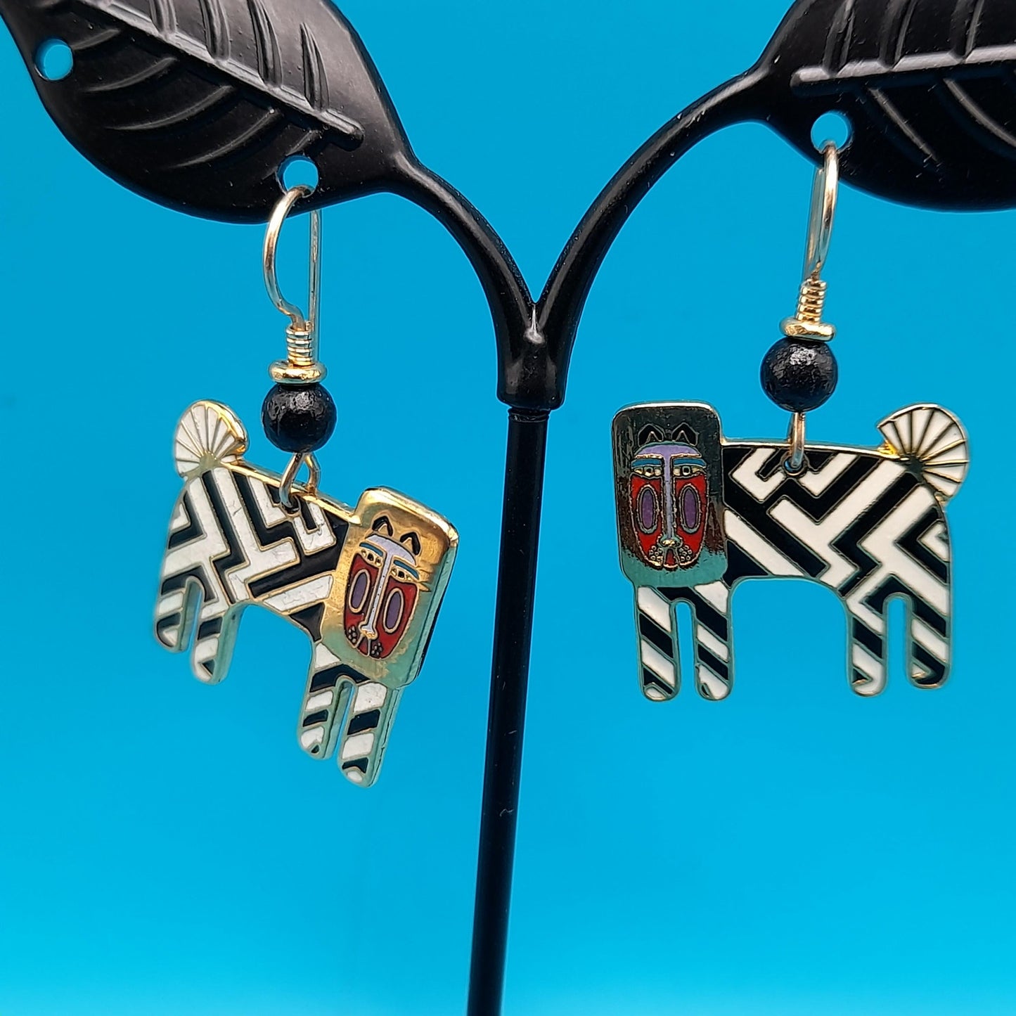 Laurel Burch "Zzzebra" Drop Earrings, Cloisonne Enamel, Gold Plated, 1980s