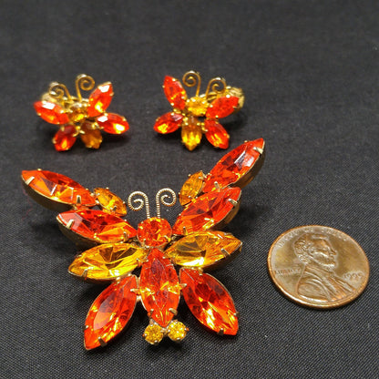 Orange & Topaz Rhinestone Butterfly Brooch Earrings Set, Gold Plating, 1960s