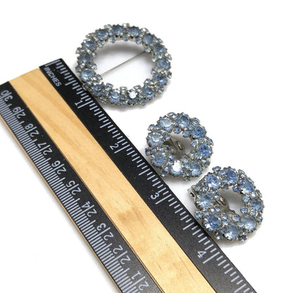 Vintage Weiss Wreath Rhinestone Brooch & Earrings, Light Blue Rhodium Plated