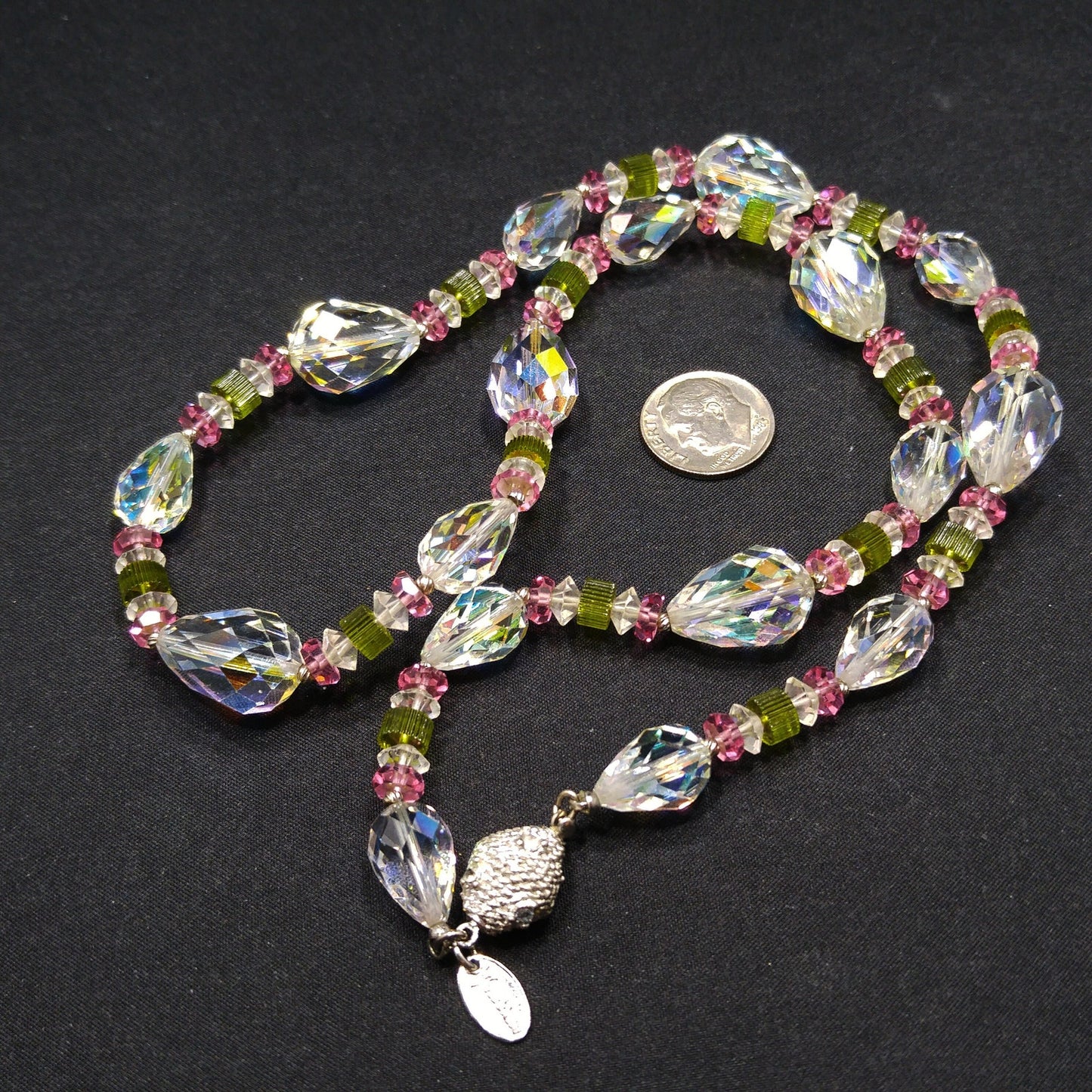 Vendome Crystal Necklace – 1960s Vintage Jewelry with Pear Shaped Swarovski Beads, Pink & Green Accents, 22 Inch Strand