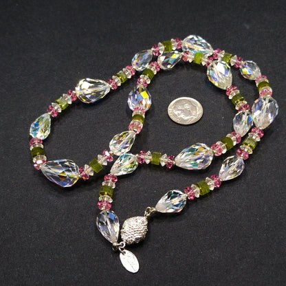 Vendome Crystal Necklace – 1960s Vintage Jewelry with Pear Shaped Swarovski Beads, Pink & Green Accents, 22 Inch Strand