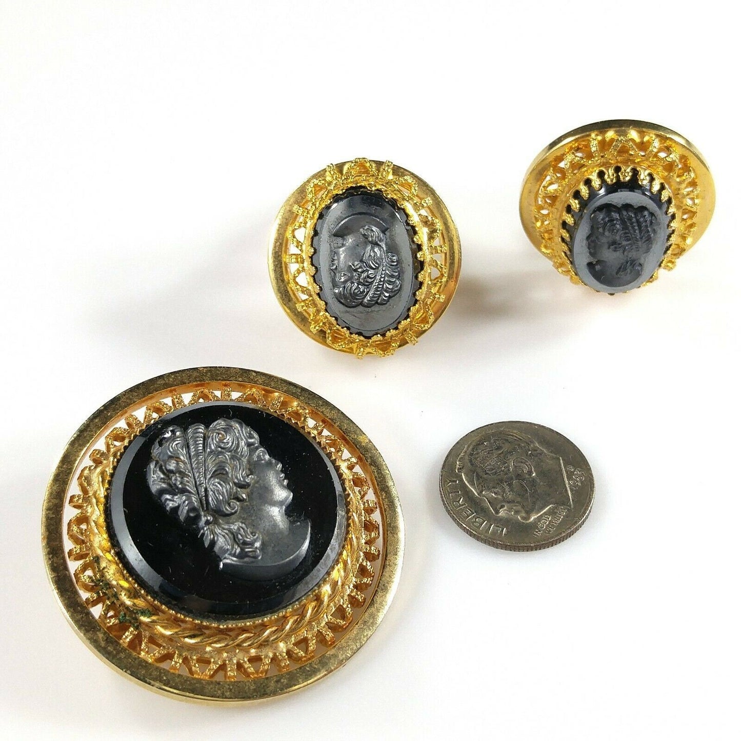 Vintage Cameo Hematite Brooch & Clip Earrings, Filigree Pin Set W Germany Style, 1950s Vintage Jewelry