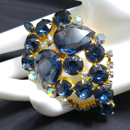 Large Blue Rhinestone Brooch & Pendant, Gold Plated, 1960s Vintage Jewelry