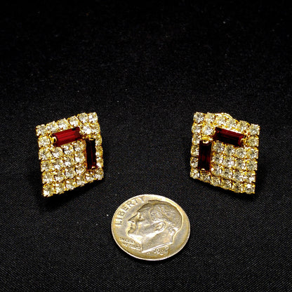 Hobe' Designer Red Clear Rhinestone Clip Earrings, Gold Plated, 1960s Vintage Jewelry
