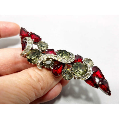 Vintage Red Rhinestone Brooch, Rhodium Plated, Ribbon Design, 1960s Vintage Jewelry