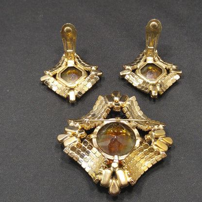 Mid-Century Modern Large Topaz Glass Brooch & Earrings, Gold Plated, 1960s Vintage Jewelry