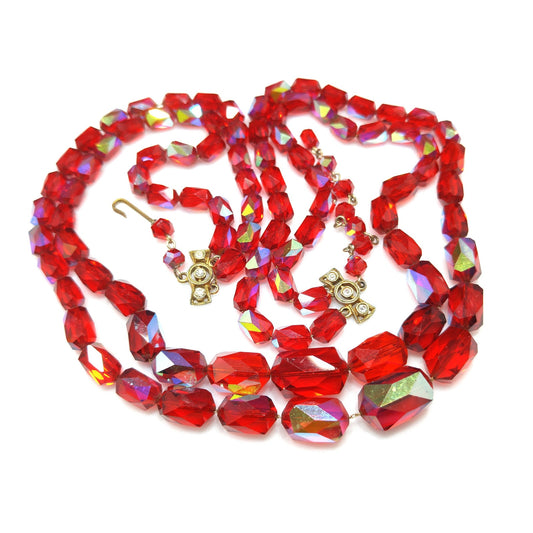 Red Aurora Borealis Graduated Beaded Two Strand Necklace on Chain, 1970s Vintage Jewelry