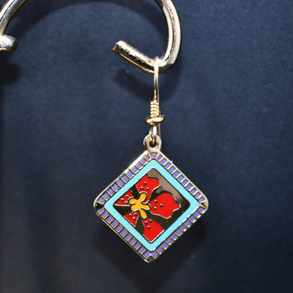 Vintage Laurel Burch "Jasmine For Jodi" Earrings, Red Flower Gold Plated