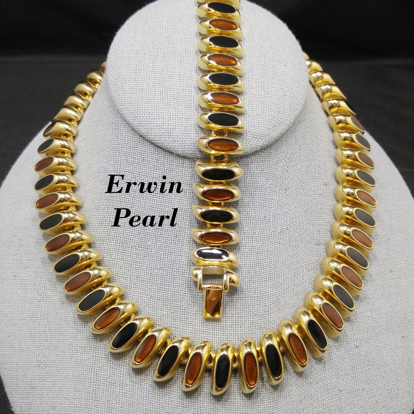 Erwin Pearl Enamel Necklace & Bracelet, Brown Black Enamel, Gold Plate, 1980s Vintage Jewelry