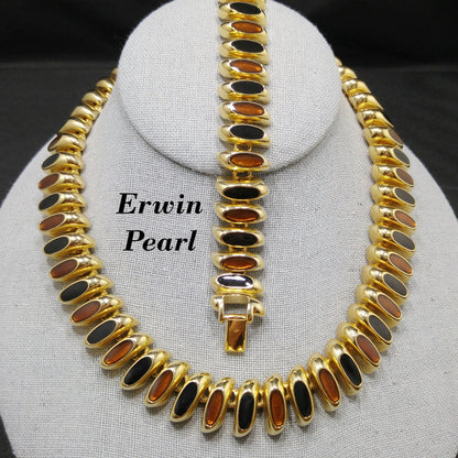 Erwin Pearl Enamel Necklace & Bracelet, Brown Black Enamel, Gold Plate, 1980s Vintage Jewelry