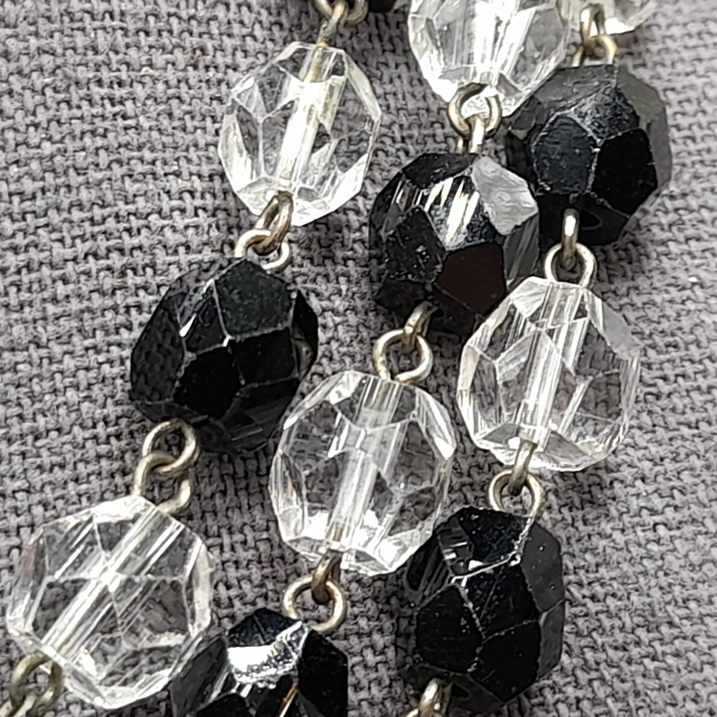 Vintage Art Deco Black and Clear Crystal Necklace – 1920s Wire Wrapped Flapper Beads – 53 Inches