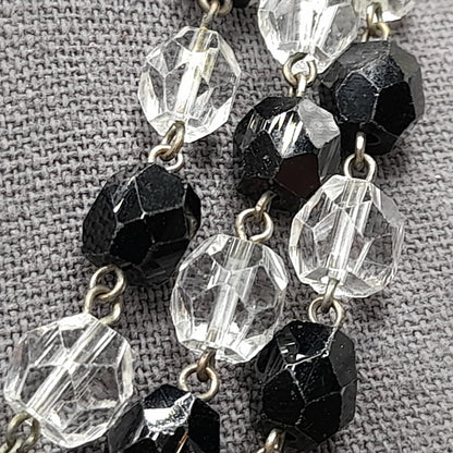 Vintage Art Deco Black and Clear Crystal Necklace – 1920s Wire Wrapped Flapper Beads – 53 Inches