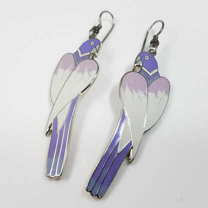 Laurel Burch "Cezanne" Parrot Earrings, Purple Lavender Cream Gray Enamel, Rhodium Plated Cloisonne Parrots, 1980s