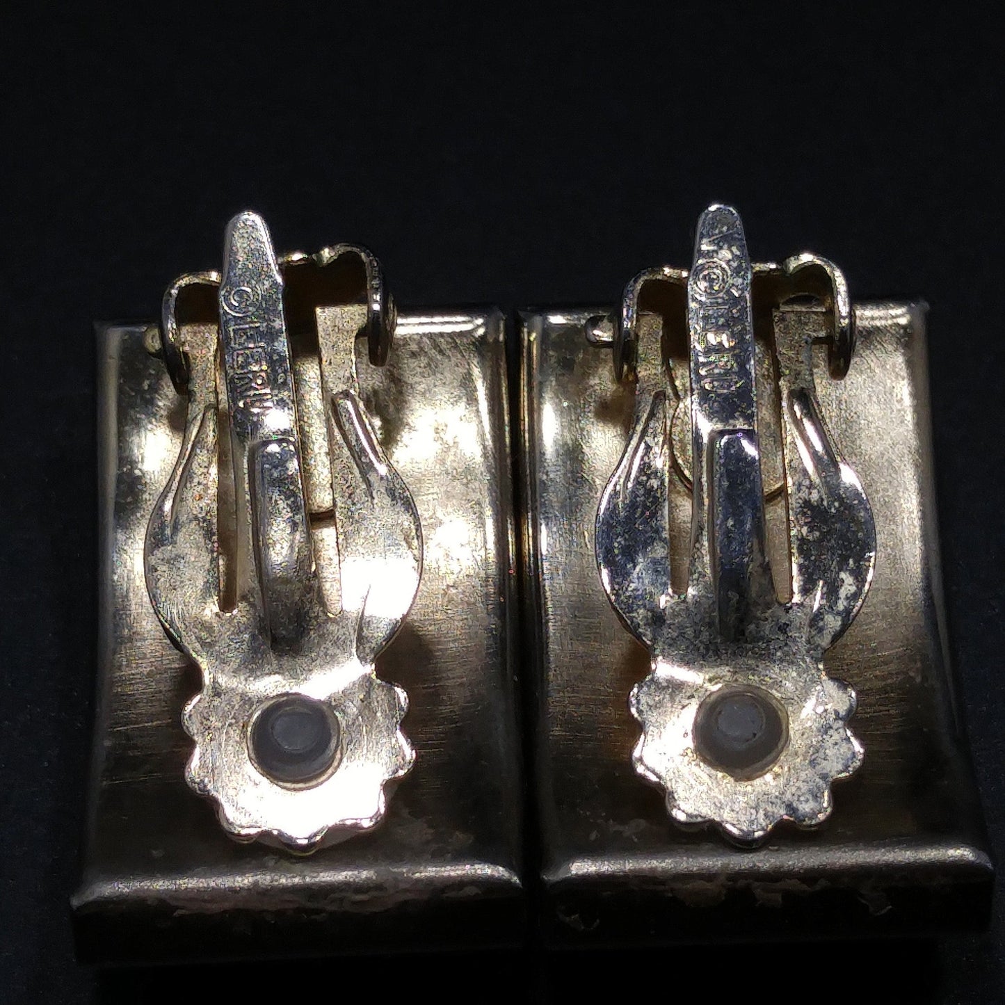 Vintage Leru Baguette Rhinestone & Pearl Cuff Bracelet & Clip Earrings Set 1950s