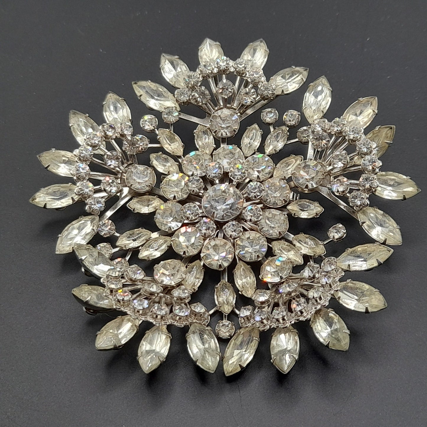 Vintage 1950s Large Floral Wedding Brooch, 4", Riveted Petals,  Silver Tone