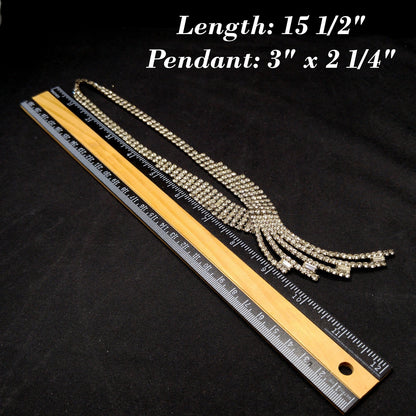 Vintage 1950s Rhinestone Statement Necklace – Five Strand Fringe Drop – Clear Crystal Bridal Jewelry
