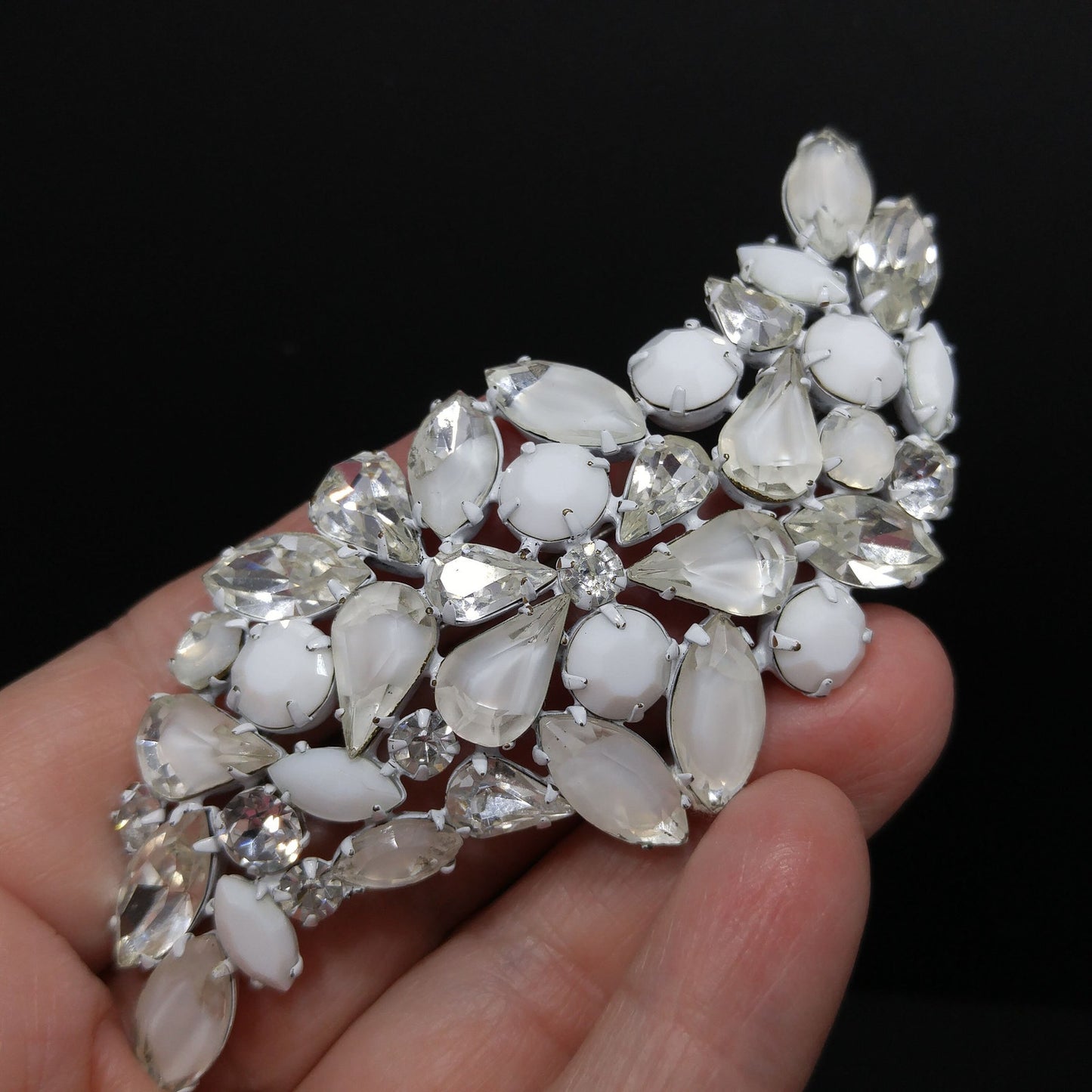 Regency Jewels White Enamel Brooch & Earrings Set, Milk Glass Clear Rhinestones