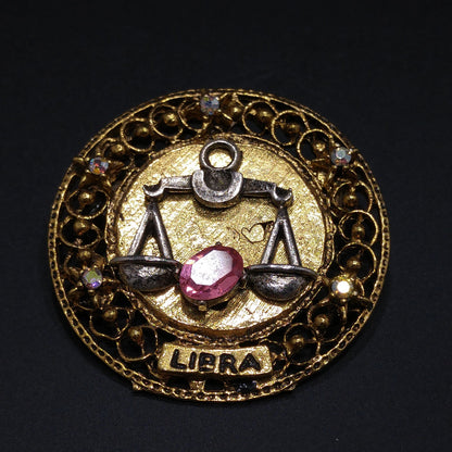 Arthur Pepper "Art" Libra Zodiac Brooch, Pink Rhinestone, 1960s Vintage Jewelry