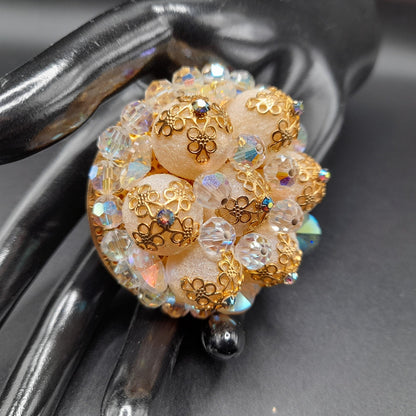 Vintage Crystal Bead Brooch, Aurora Borealis, Art Glass Globes, Filigree End Caps, 1960s Vintage Jewelry