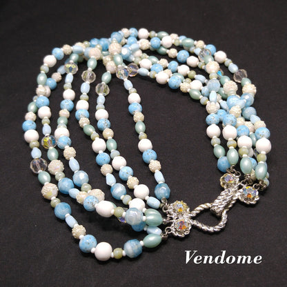 Vendome Blue White Glass Beaded Necklace, 6 Strands, Crystal Beads, 1960s Vintage Jewelry