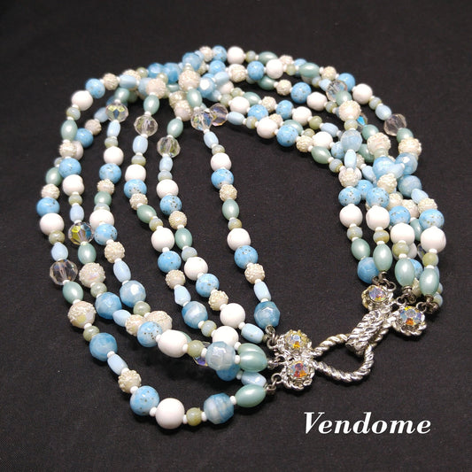 Vintage Vendome Six-Strand Blue White Glass Bead Necklace AB Crystals 1960s