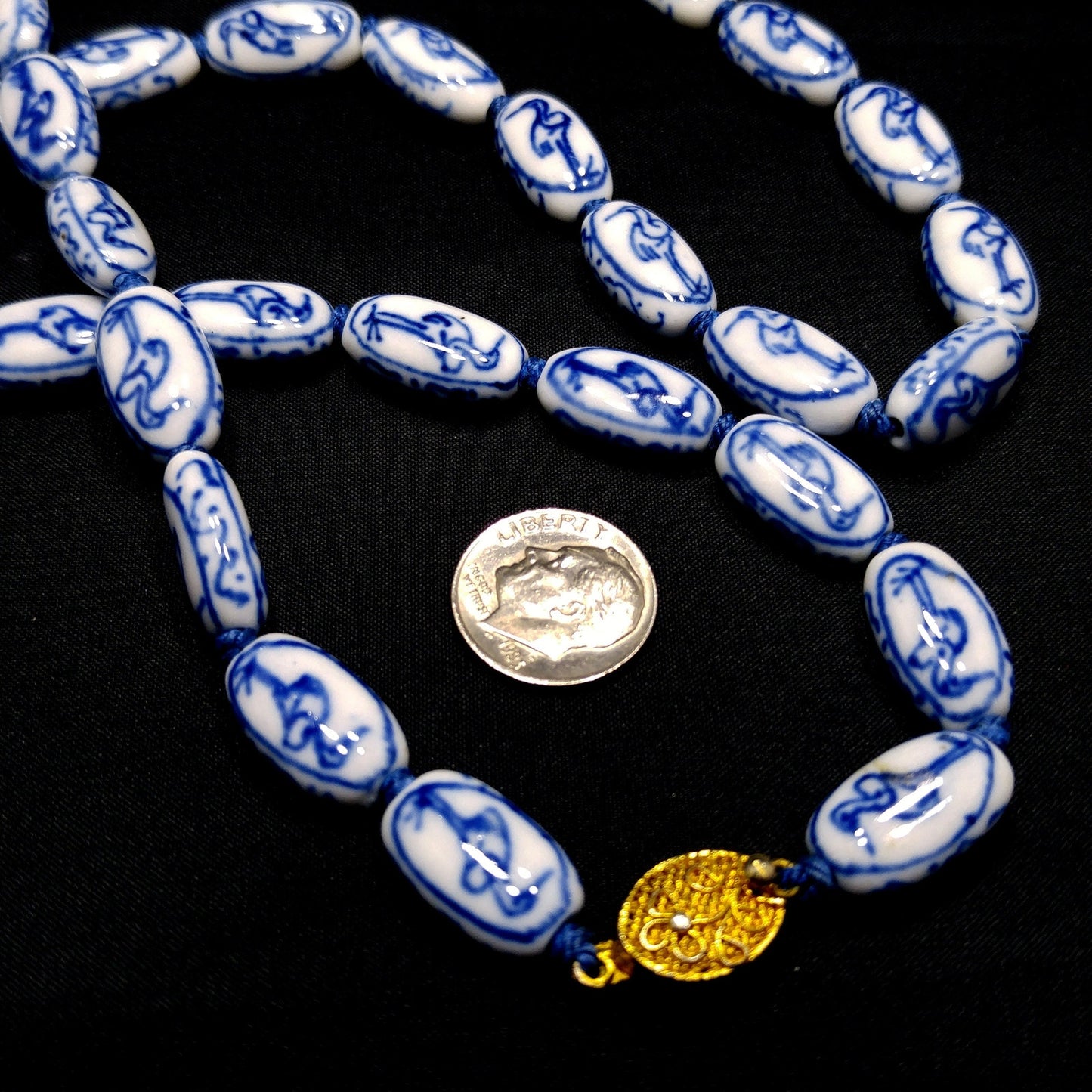 Hand Painted Blue Heron Birds Beaded Necklace, 1950s Vintage