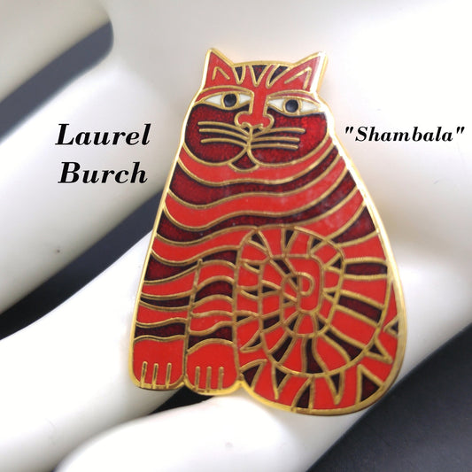 Laurel Burch "Shambala" Red Cat Brooch, Gold Plated, 1980s Vintage Jewelry