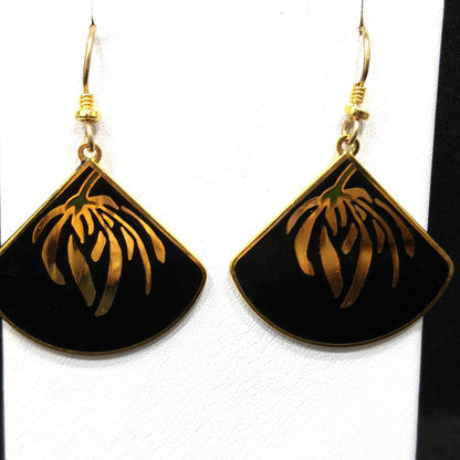 Laurel Burch Floral Earrings, Gold Plating, Black Enamel, Willow Fan, 1980s Vintage Jewelry