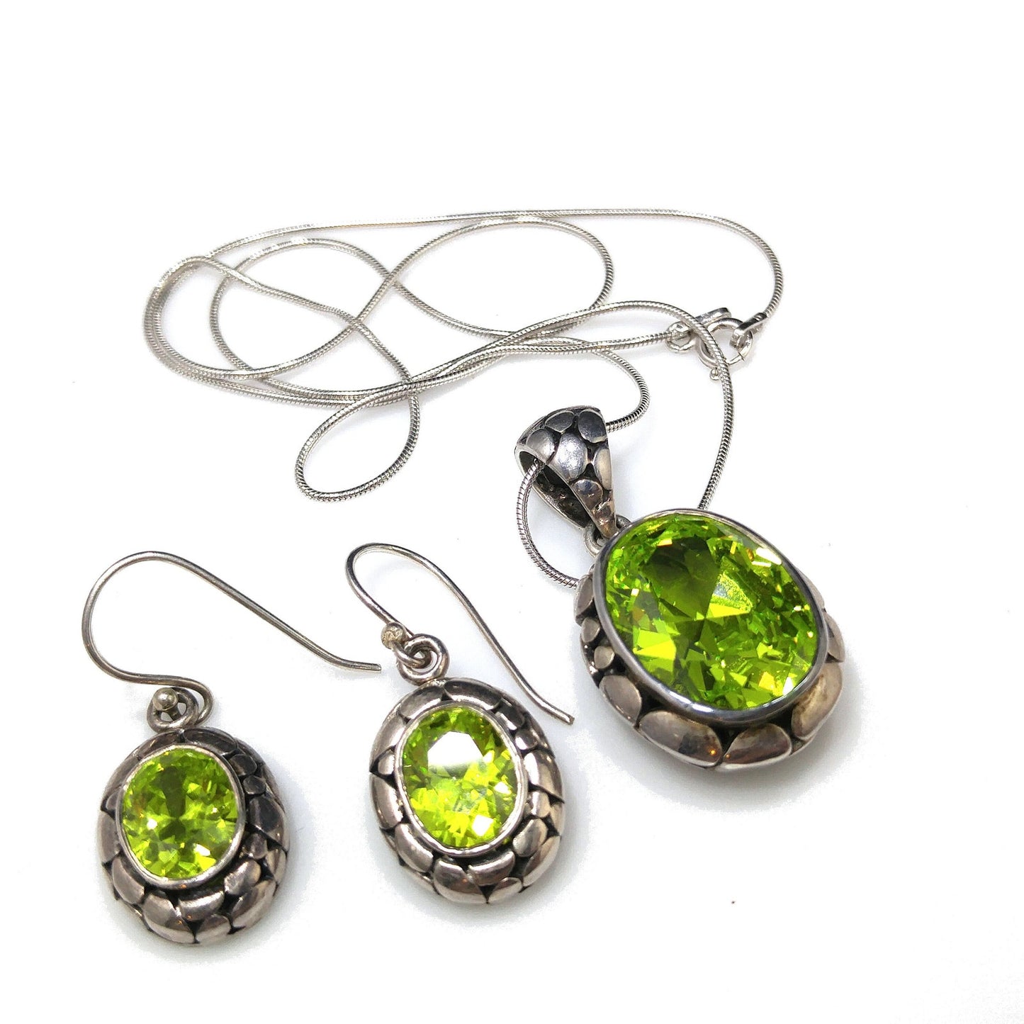 Peridot CZ Silver Necklace & Earrings Set, Italy Snake Chain, 1990s Vintage Jewelry