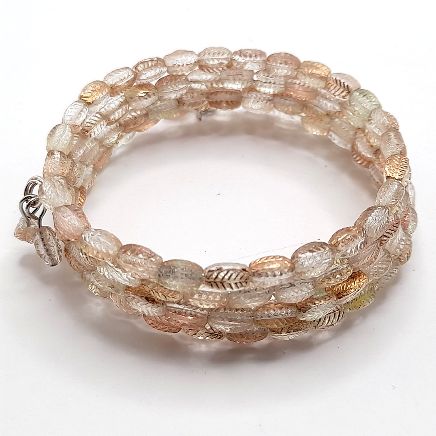 Vintage Art Glass Leaf Bead Memory Wire Bracelet – Clear Gold Leaf Design