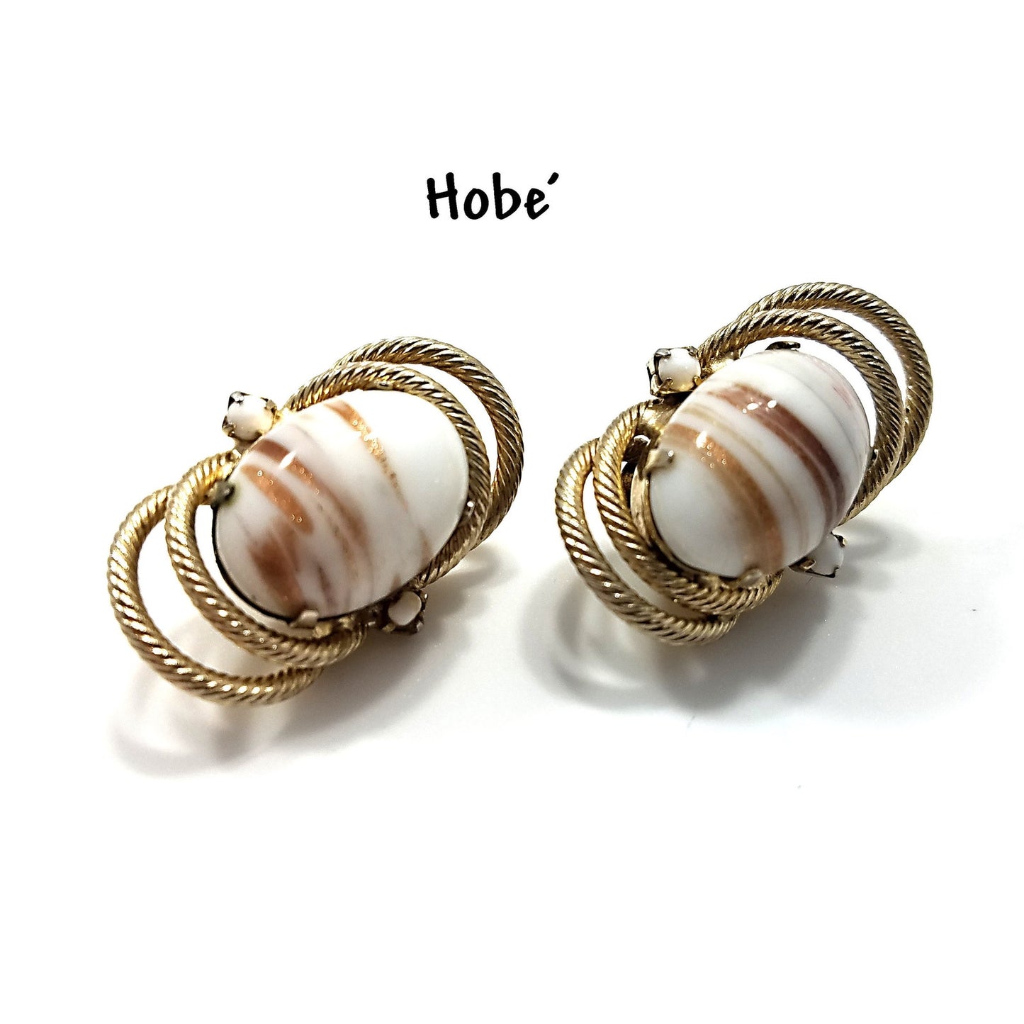 Hobe' White & Gold Earrings, Gold Plated, Art Glass, 1950s Vintage Jewelry