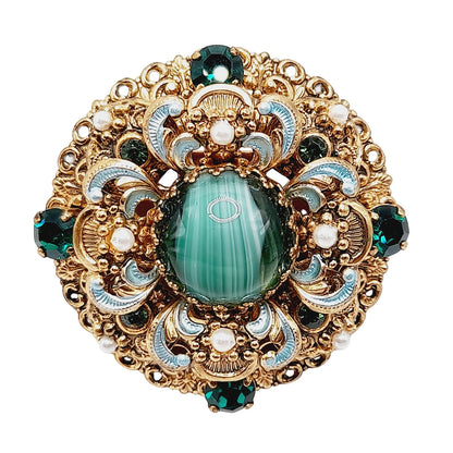 Vintage West Germany 1950s Green Rhinestone Enamel Filigree Faux Pearl Layered Brooch