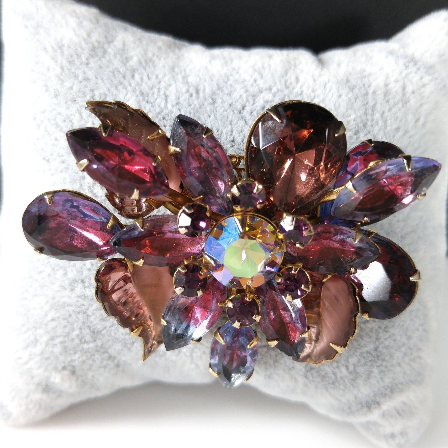 Judy Lee Purple Molded Leaves Brooch, Aurora Borealis Rhinestones, 1950s Vintage Jewelry