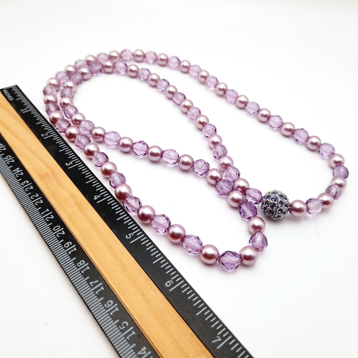 Vintage Joan Rivers Lavender Glass Pearls Crystal Beaded Necklace, Rhinestone Screw Clasp